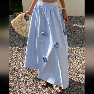 Solid Color 3D Floral Decorated Skirt, Casual Holiday Summer Women Long Skirt